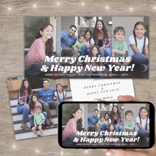 Any Text 4 Photo Collage Retro White Typography Holiday Card
