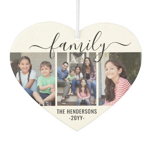 Any Text 4 Photo Collage Script Family Black White Air Freshener - Celebrate the simple joys of family and friends with a unique heart-shaped 4 photo collage car air freshener.  Pictures and text are simple to customize. (IMAGE PLACEMENT TIP:  An easy way to center a photo exactly how you want is to crop it before uploading to the Zazzle website.)  Design features a black and white modern minimalist layout, elegant handwritten style script typography, and four pictures of your choice. Include any text such as name, year, or favorite motivational or inspirational quote. It's easy to make it yourself.  This template is set up for a family with kids, but can easily be personalized for a baby, wedding couple, best friends, grandparents, pets, etc. You can design your own stylish keepsake gift idea for a hard to buy for person. Makes a cool and cute addition to automobile interior decor.
