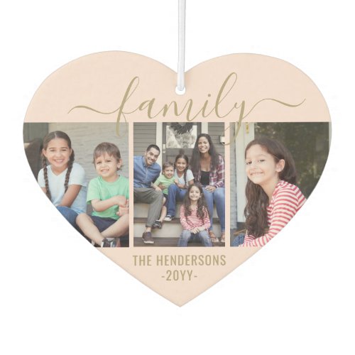 Any Text 4 Photo Collage Script Family Pink & Gold Air Freshener - Celebrate the simple joys of family and friends with a unique heart-shaped 4 photo collage car air freshener.  Pictures and text are simple to customize. (IMAGE PLACEMENT TIP:  An easy way to center a photo exactly how you want is to crop it before uploading to the Zazzle website.)  Design features a blush pink and gold modern minimalist layout, elegant handwritten style script typography, and four pictures of your choice. Include any text such as name, year, or favorite motivational or inspirational quote. Please note that gold is printed color, not metallic foil. It's easy to make it yourself.  This template is set up for a family with kids, but can easily be personalized for a baby, wedding couple, best friends, grandparents, pets, etc. You can design your own stylish keepsake gift idea for a hard to buy for person. Makes a cool and cute addition to automobile interior decor.