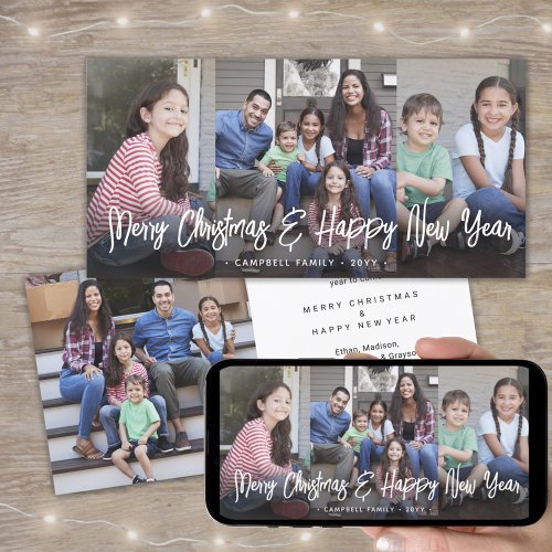 Any Text 4 Photo Collage White Brushed Typography Holiday Card