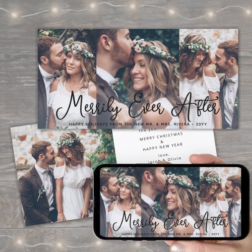 Any Text 4 Photo Merrily After Ever Black Script Holiday Card