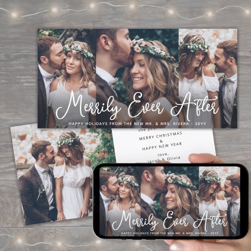 Any Text 4 Photo Merrily After Ever White Script Holiday Card