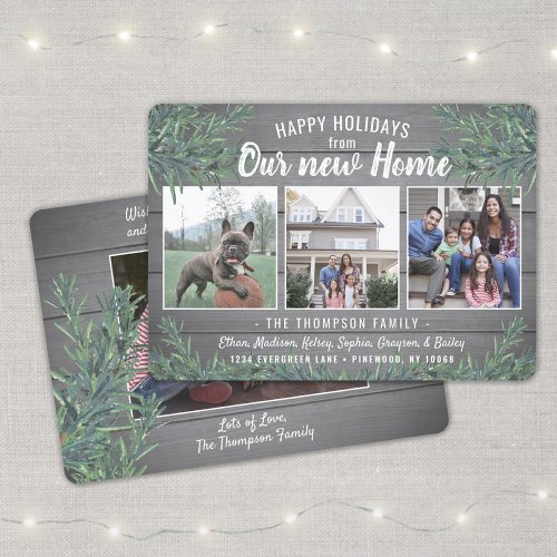 Any Text 4 Photo New Home Farmhouse Gray Wood Pine Holiday Card