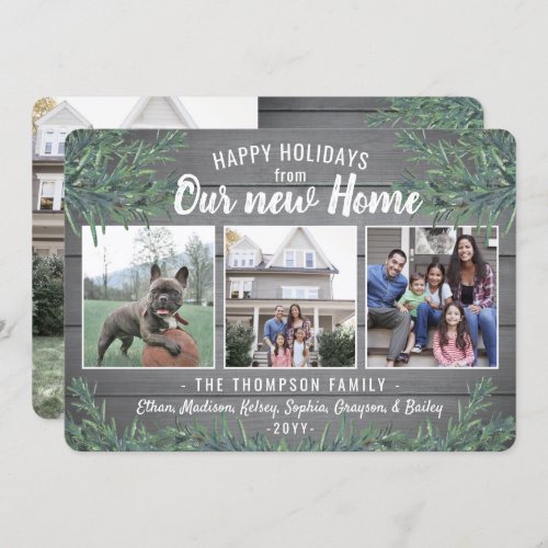 Any Text 4 Photo New Home Farmhouse Greenery Wood Holiday Card - Share the joyful news of your new home as well as four of your favorite photos with an elegant holiday moving announcement card. All text on this template is simple to customize with any wording, such as Merry Christmas, Happy Holidays, Seasons Greetings, Cheers to the New Year etc. (IMAGE PLACEMENT TIP: An easy way to center a photo exactly how you want is to crop it before uploading to the Zazzle website.) Design features a rustic gray faux wood background, festive watercolor pine greenery, chic handwritten style script typography, and 4 pictures of your choice. Family and friends will love displaying this elegant personalized change of address card.