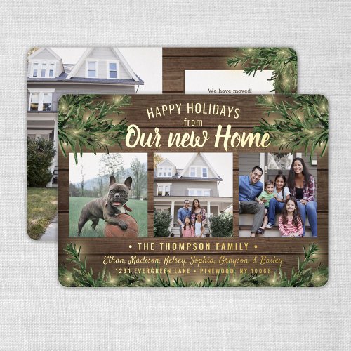Any Text 4 Photo New Home String Lights and Wood Foil Holiday Card