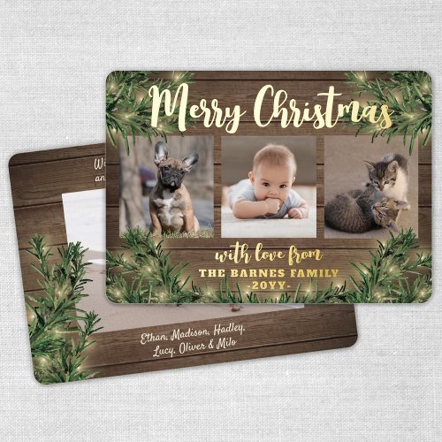 Any Text 4 Photo Rustic Wood Pine  String Lights Foil Holiday Card
