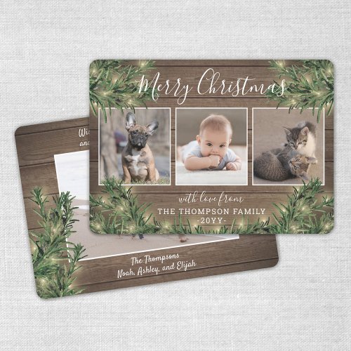 Any Text 4 Photo Rustic Wood Pine  String Lights Holiday Card