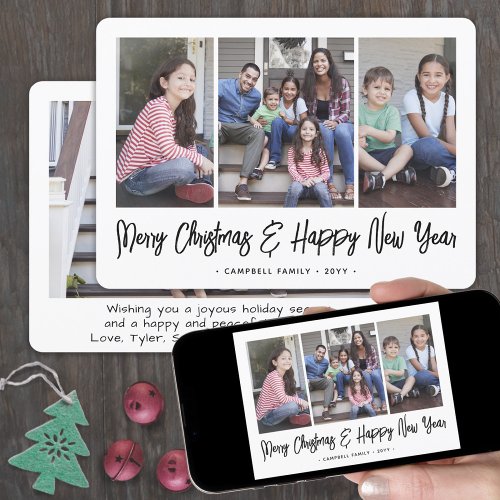 Any Text 4 Photo Simple Brushed Black Typography Holiday Card