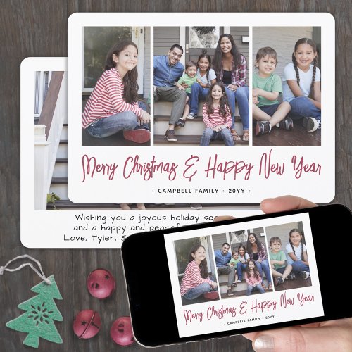 Any Text 4 Photo Simple Brushed Red Typography Holiday Card