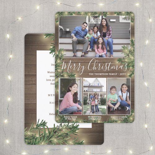 Any Text 4 Photos  Captions  Wood Pine  Lights Holiday Card