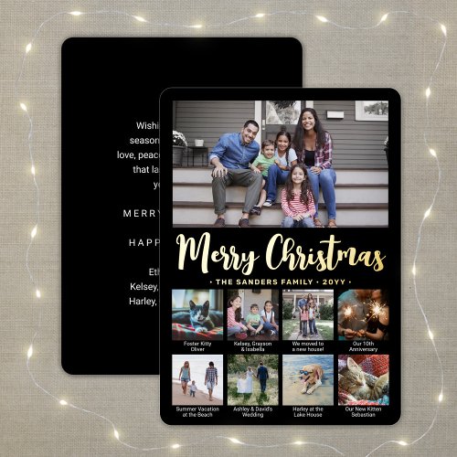 Any Text 9 Photo Christmas Collage Black Elegant Foil Holiday Card