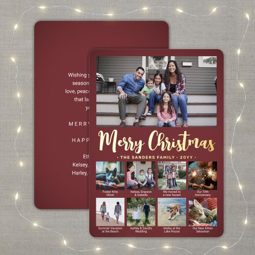 Any Text 9 Photo Collage Burgundy Christmas Script Foil Holiday Card