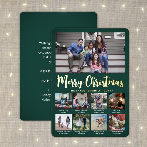 Any Text 9 Photo Collage Green Christmas Script Foil Holiday Card
