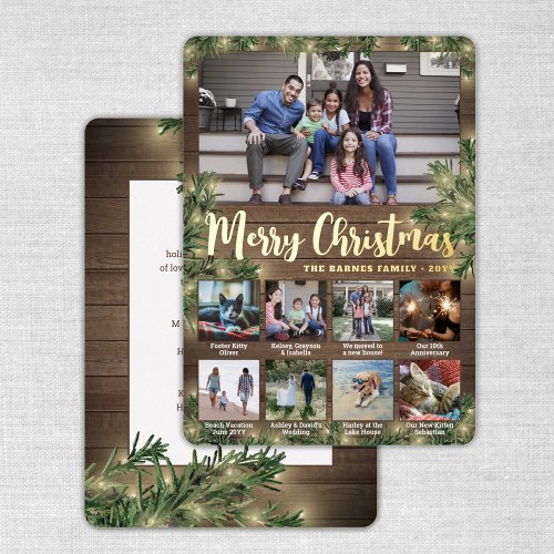 Any Text 9 Photos  Captions  Wood Pine  Lights Foil Holiday Card