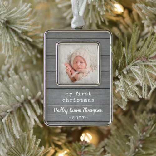 Any Text Baby Photo Rustic Gray Faux Wood My First Christmas Ornament