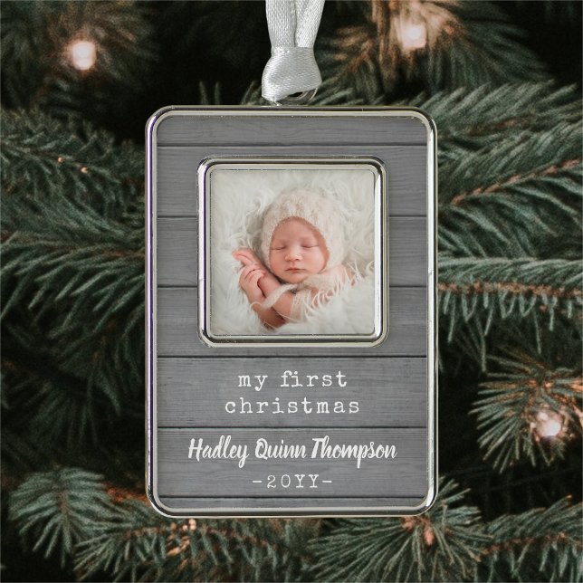 Any Text Baby Photo Rustic Gray Faux Wood My First Christmas Ornament (Creator Uploaded)