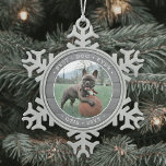 Any Text Best Dog Ever Simple Photo Gray Faux Wood Snowflake Pewter Christmas Ornament<br><div class="desc">Celebrate the simple joys of your furry family member with this custom photo and text round metal snowflake ornament. Wording and picture on this template are simple to personalize. (IMAGE & TEXT DESIGN TIPS: 1) To adjust position of wording, add spaces at beginning or end. 2) To center the photo...</div>