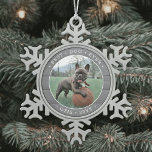 Any Text Best Dog Ever Simple Photo Gray Faux Wood Snowflake Pewter Christmas Ornament<br><div class="desc">Celebrate the simple joys of your furry family member with this custom photo and text round metal snowflake ornament. Wording and picture on this template are simple to personalize. "Best Dog Ever" quote is easy to change in case the ornament is for another pet, such as a cat or hamster,...</div>