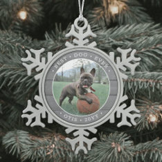 Any Text Best Dog Ever Simple Photo Gray Faux Wood Snowflake Pewter Christmas Ornament at Zazzle