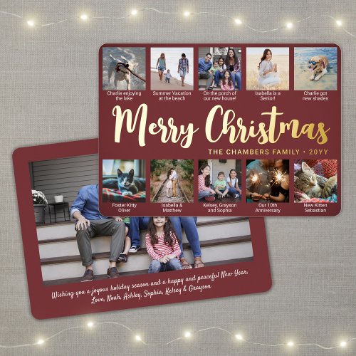 Any Text Burgundy 11 Photo Collage Christmas Foil Holiday Card