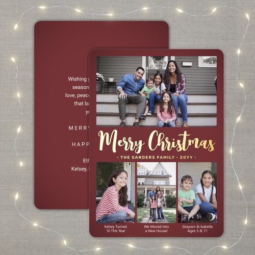 Any Text Burgundy 4 Photo Collage Christmas Script Foil Holiday Card
