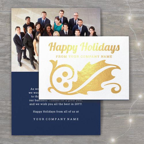 Any Text Business Photo Happy Holidays Navy  Gold Foil Card