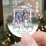 Any Text Chic Brushed Green Script Christmas Photo Classic Round Sticker<br><div class="desc">Add an elegant finishing touch to Christmas gifts, holiday cards and party favors with chic modern custom photo round stickers / envelope seals. The picture and all text on this template are simple to personalize with any wording, such as Merry Christmas, Happy Holidays, Seasons Greetings, or Happy New Year. As...</div>