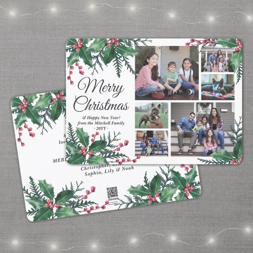 Any Text Christmas Holly  Berries 6 Photo Collage Holiday Card