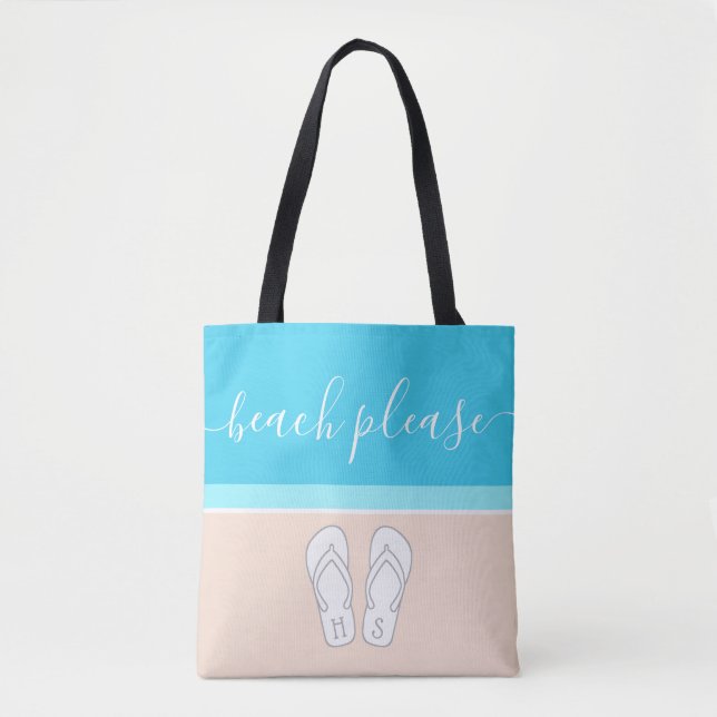 Any Text Cute Monogrammed Flip Flops Beach Please Tote Bag (Front)