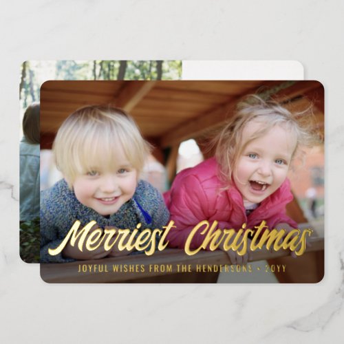 Any Text Elegant Script 2 Photo Merriest Christmas Foil Holiday Card