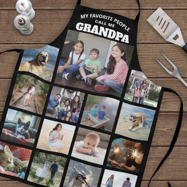 Any Text Family Photo Collage Grandpa Black White Apron (Creator Uploaded)