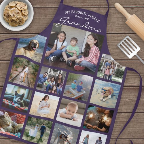Any Text Family Photo Collage Grid Grandma Purple Apron