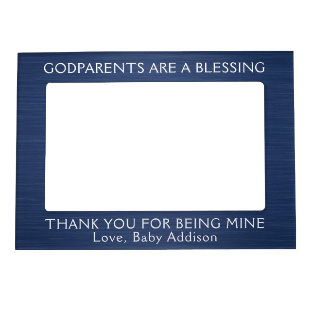 Any Text Godparents Thank You Navy Blue and White Magnetic Frame (Front)