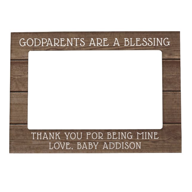 Any Text Godparents Thank You Rustic Faux Wood Magnetic Frame (Front)