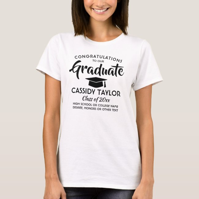 Any Text Graduate Congratulations Black and White T-Shirt