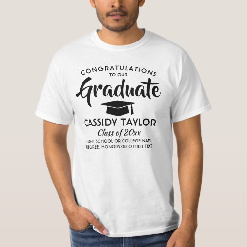 Any Text Graduate Congratulations Black and White T_Shirt