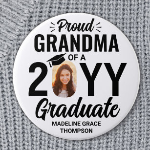 Any Text Graduate Photo Proud Grandma Black White Button