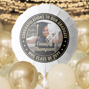 Any Text Graduation Photo Black Gold and White Balloon