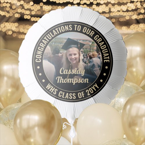 Any Text Graduation Photo Black Gold and White Balloon