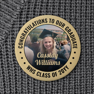 Any Text Graduation Photo Congrats Black and Gold Button