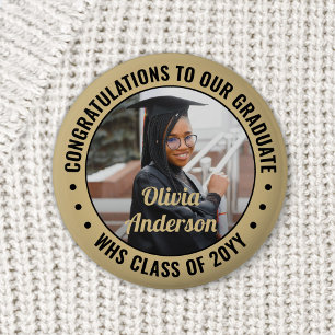 Any Text Graduation Photo Congrats Black and Gold Button
