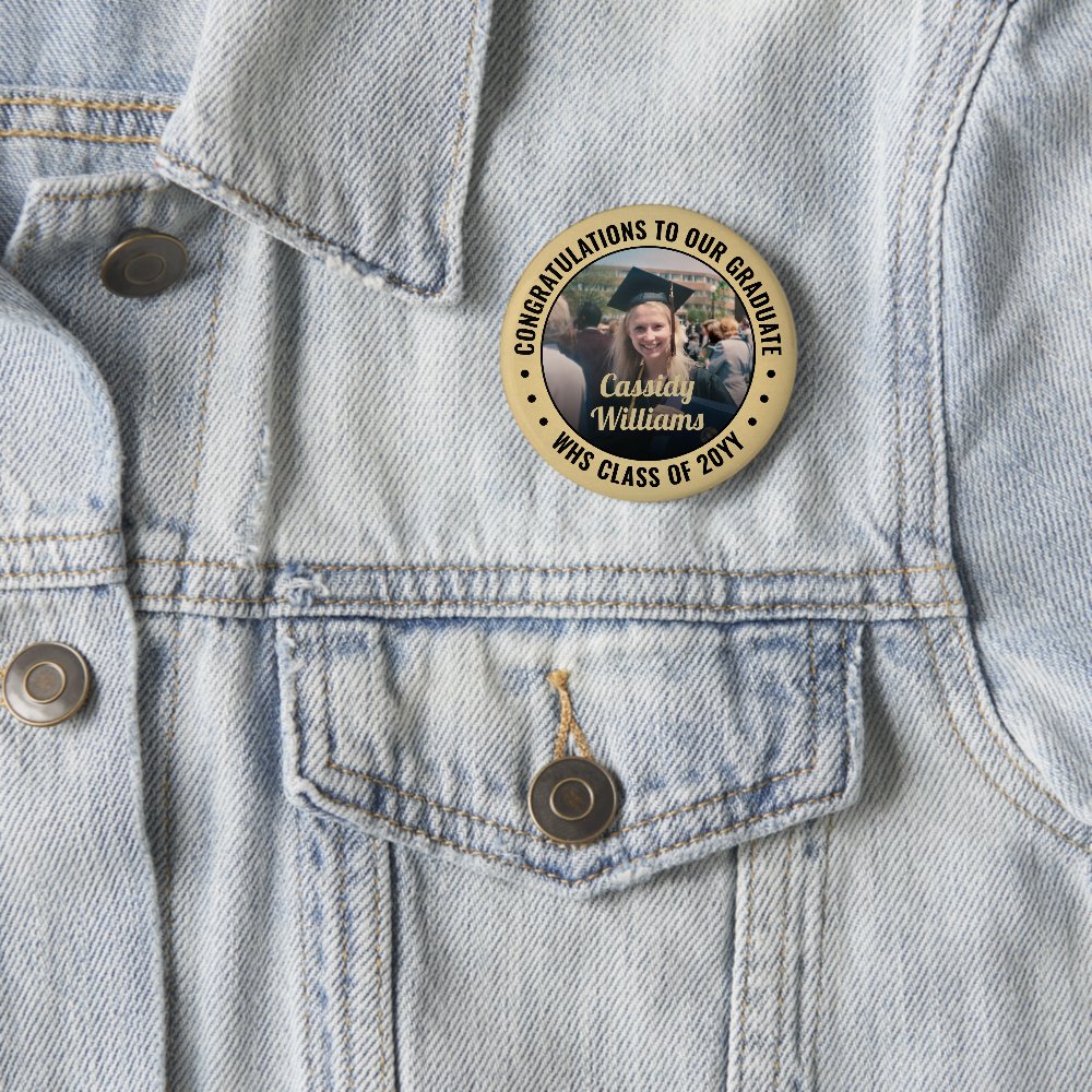 Disover Any Text Graduation Photo Congrats Black and Gold Pin Buttons
