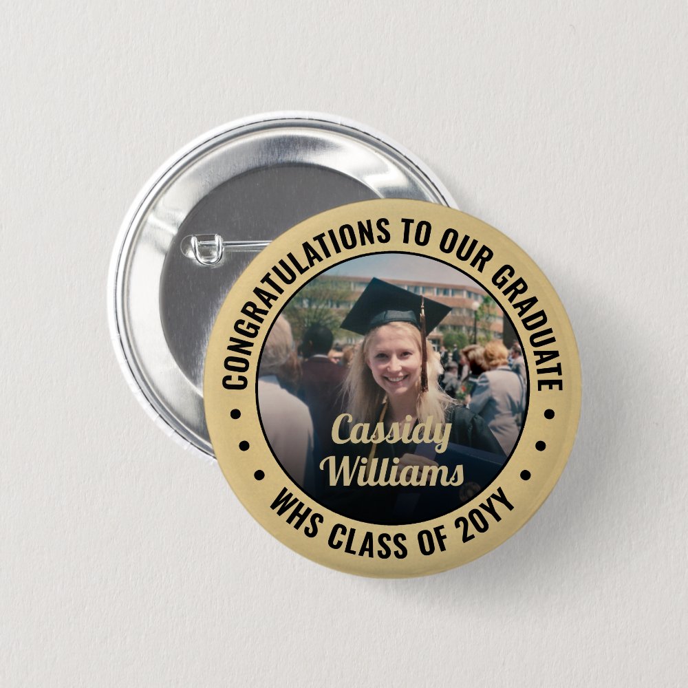 Disover Any Text Graduation Photo Congrats Black and Gold Pin Buttons