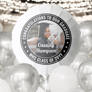 Any Text Graduation Photo Congrats Black and White Balloon