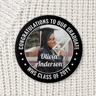 Any Text Graduation Photo Congrats Black and White Button