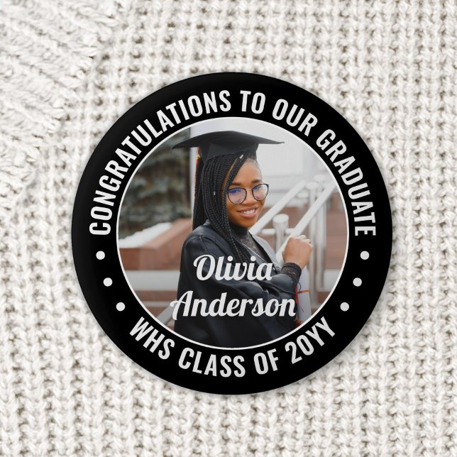 Any Text Graduation Photo Congrats Black and White Button (Creator Uploaded)