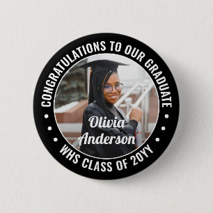 Any Text Graduation Photo Congrats Black and White Button
