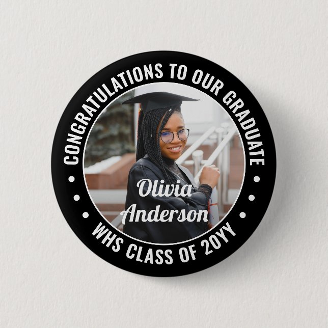 Any Text Graduation Photo Congrats Black and White Button (Front)