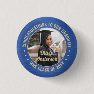 Any Text Graduation Photo Congrats Blue and Gold Button