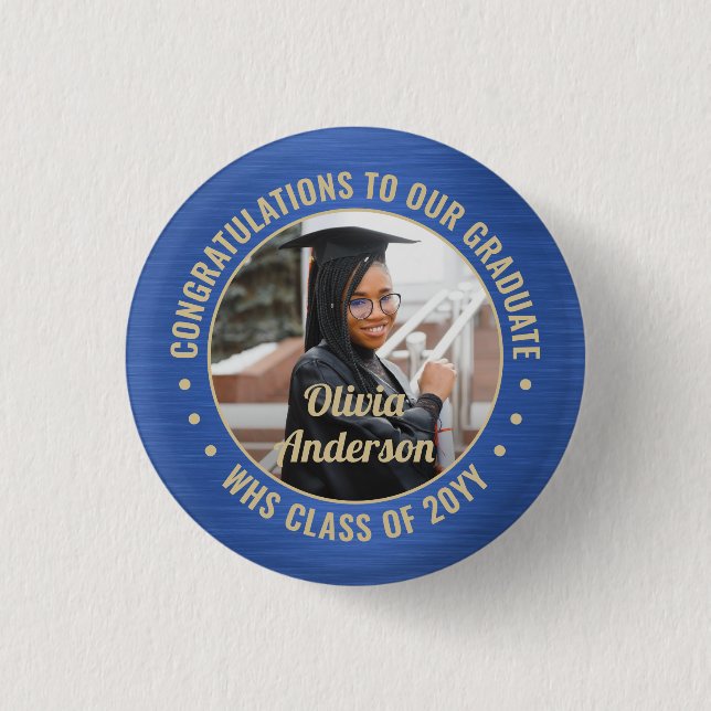 Any Text Graduation Photo Congrats Blue and Gold Button (Front)
